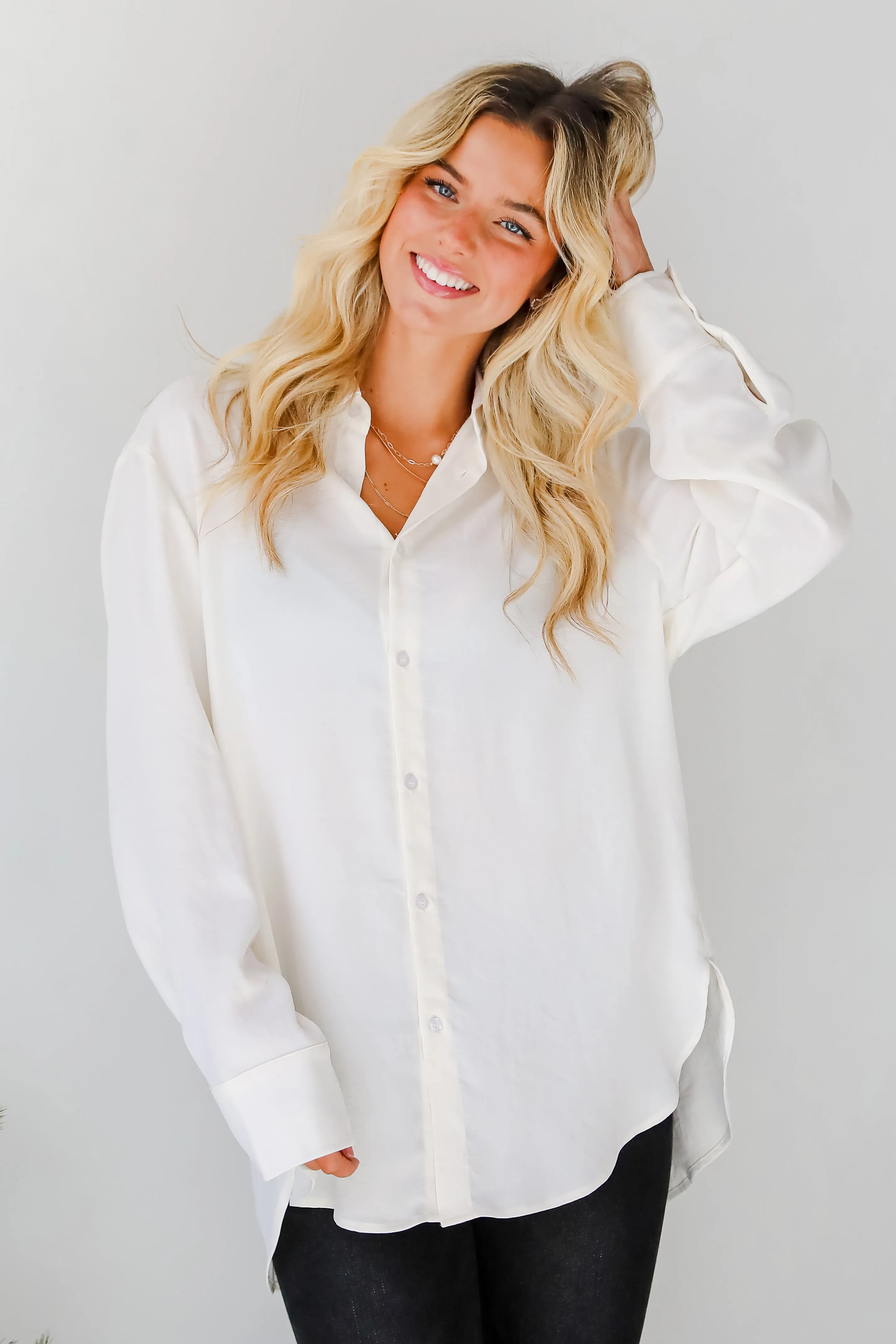 FINAL SALE - Elegant Sensation Cream Oversized Button-Up Blouse