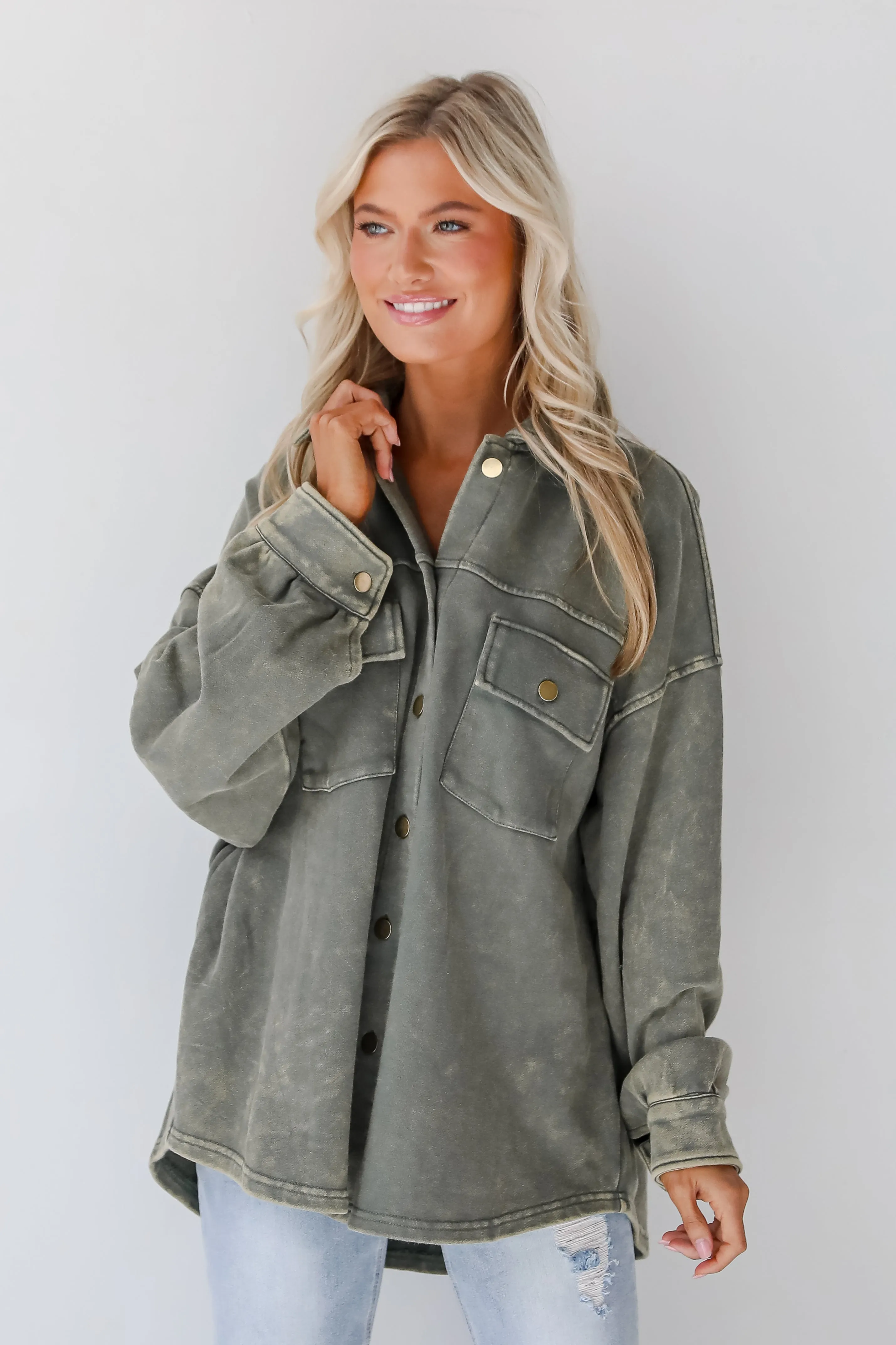 FINAL SALE - Impeccable Style Olive Acid Wash Button-Up Top