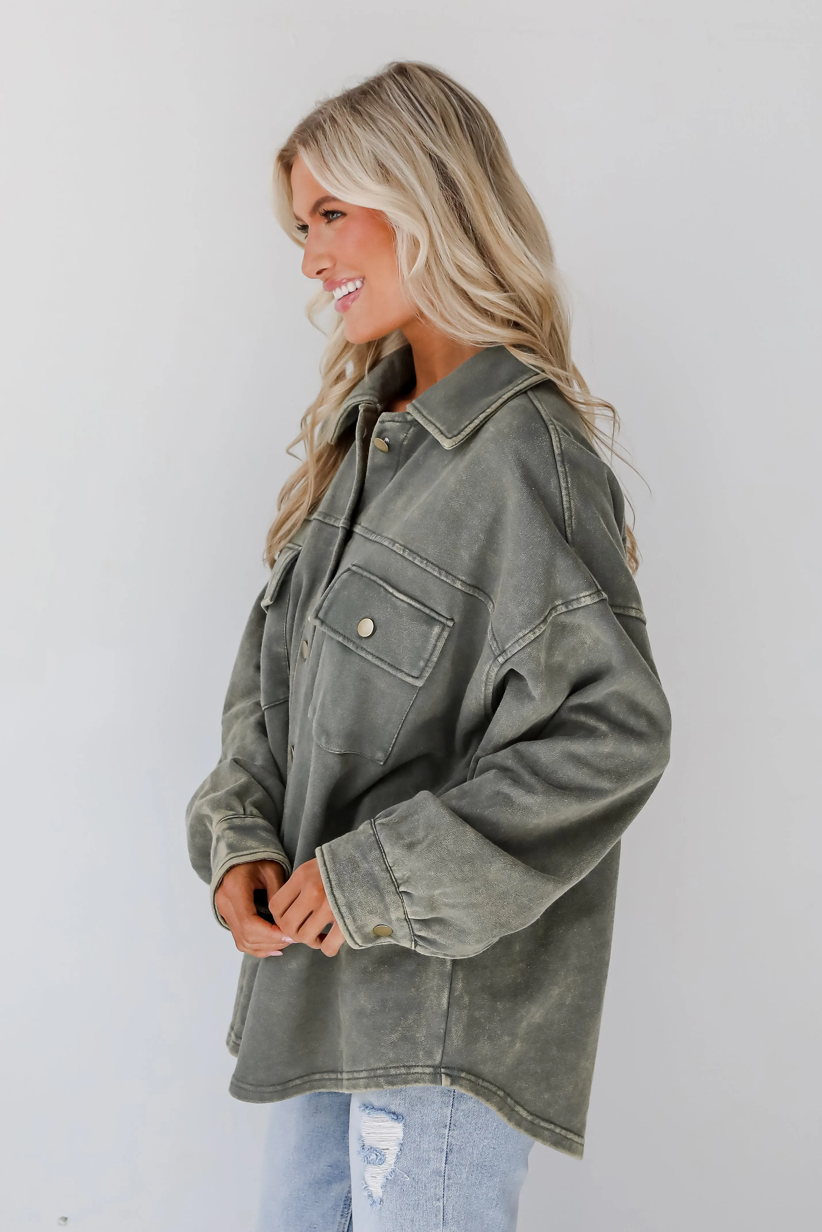 FINAL SALE - Impeccable Style Olive Acid Wash Button-Up Top