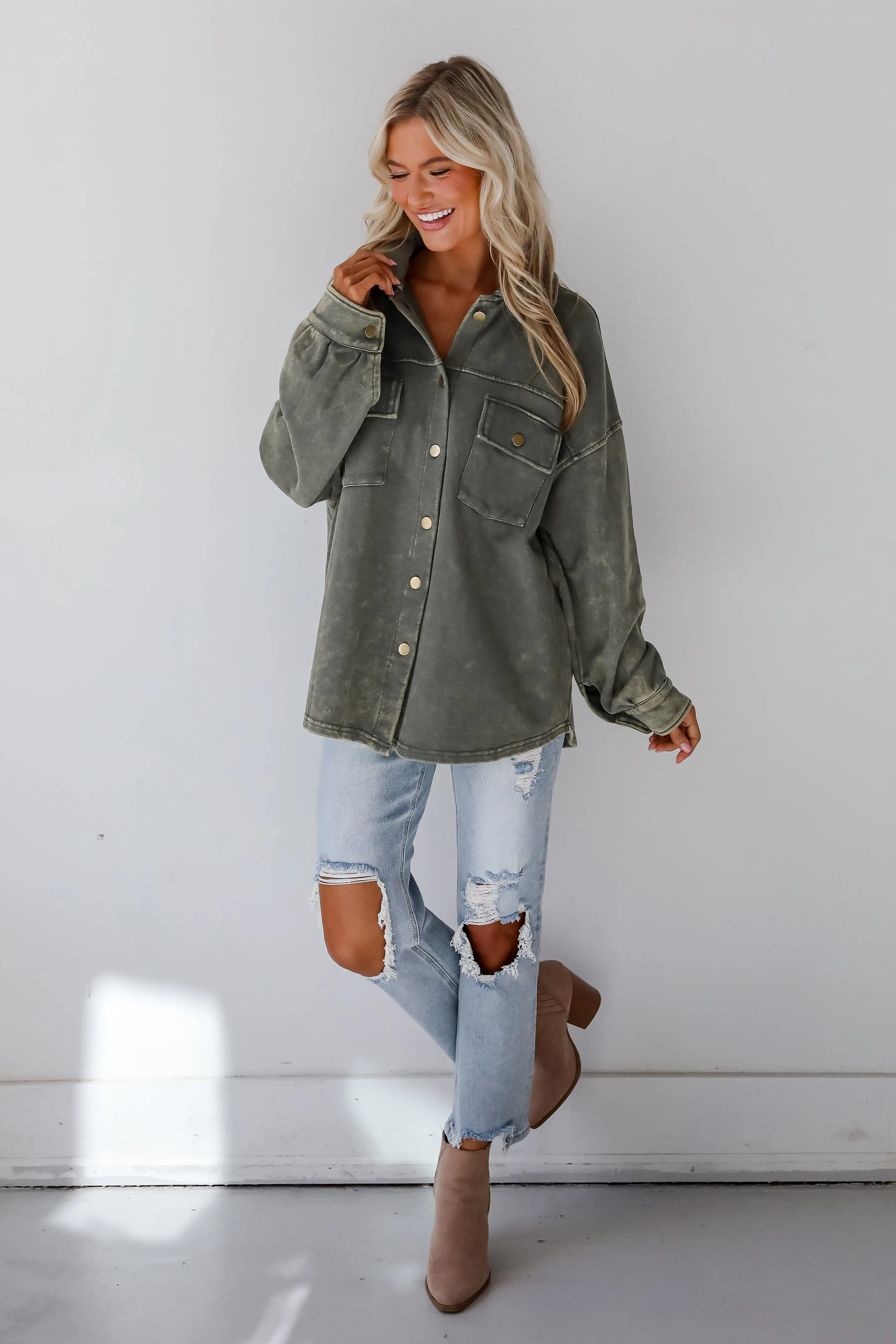FINAL SALE - Impeccable Style Olive Acid Wash Button-Up Top