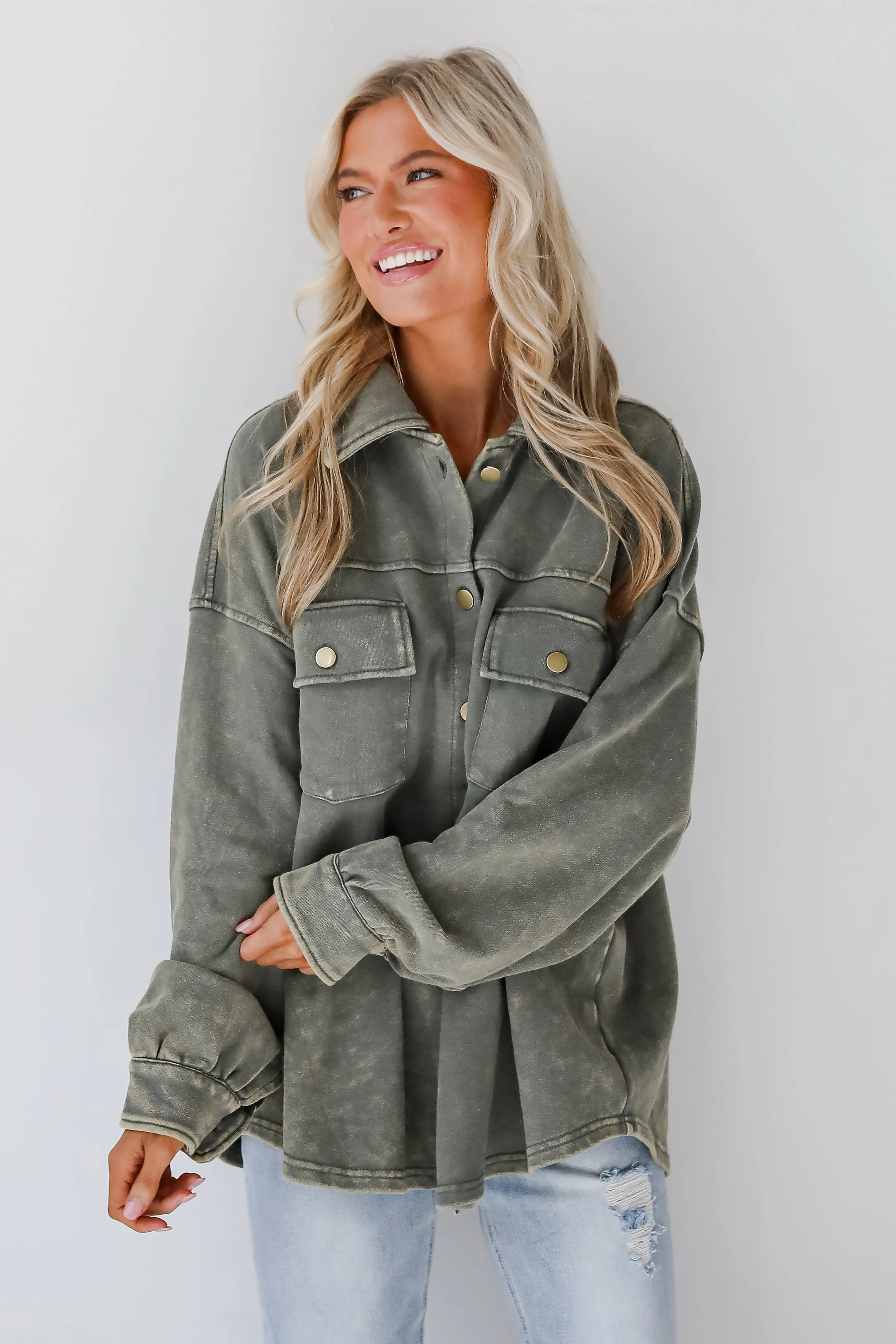 FINAL SALE - Impeccable Style Olive Acid Wash Button-Up Top