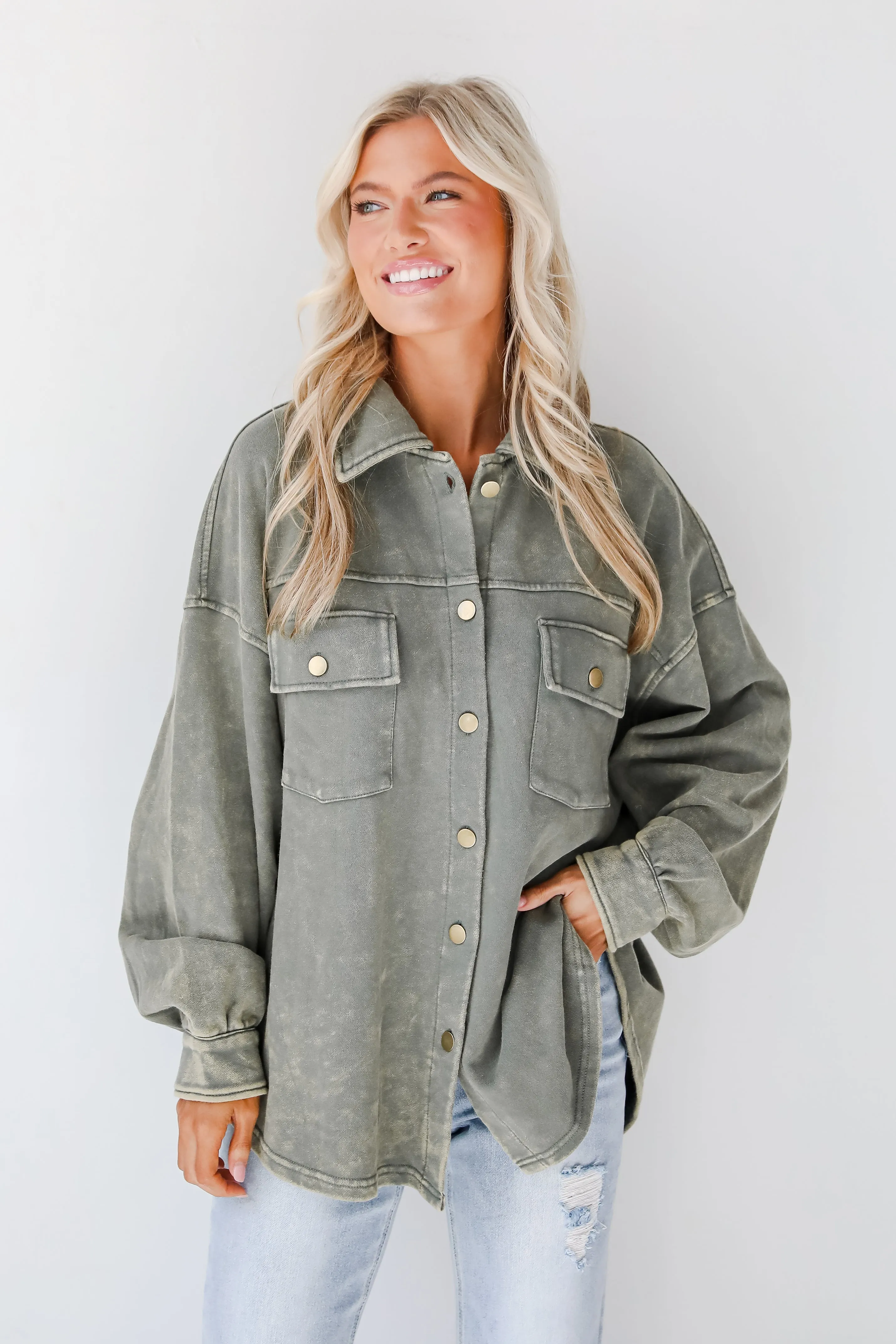 FINAL SALE - Impeccable Style Olive Acid Wash Button-Up Top