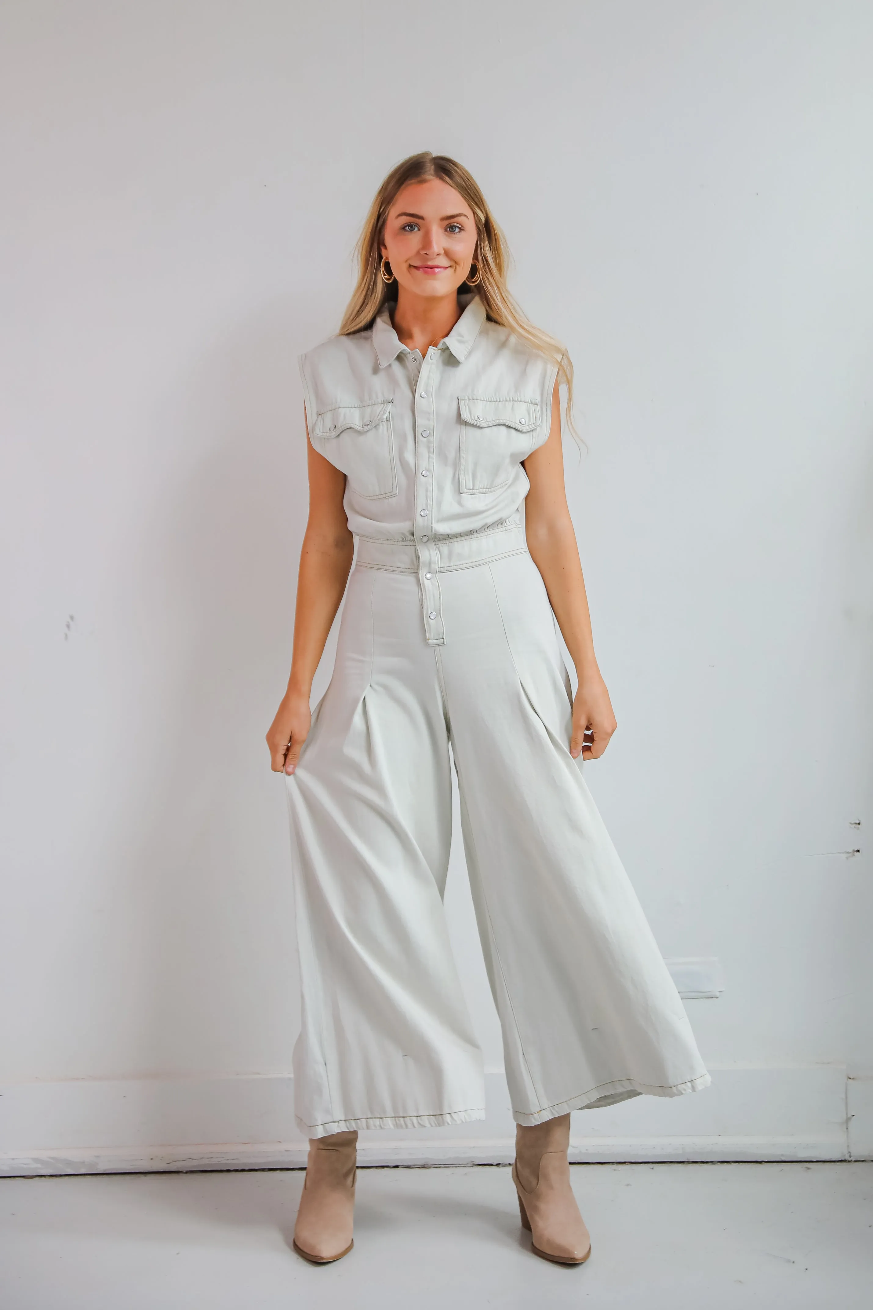 FINAL SALE - Major Charmer Light Wash Denim Jumpsuit