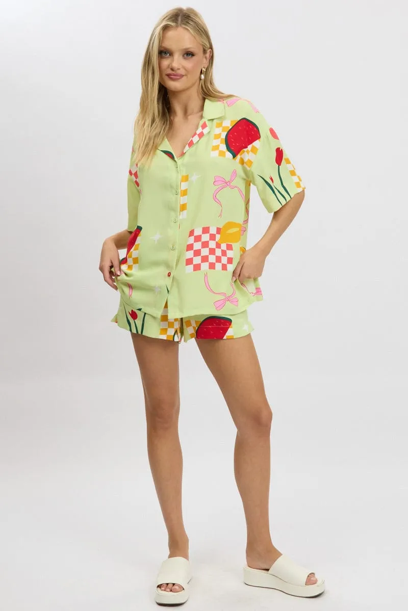 Green Abstract Relaxed Shirt Short Sleeve