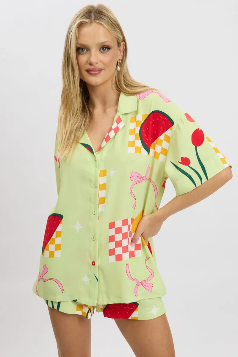 Green Abstract Relaxed Shirt Short Sleeve