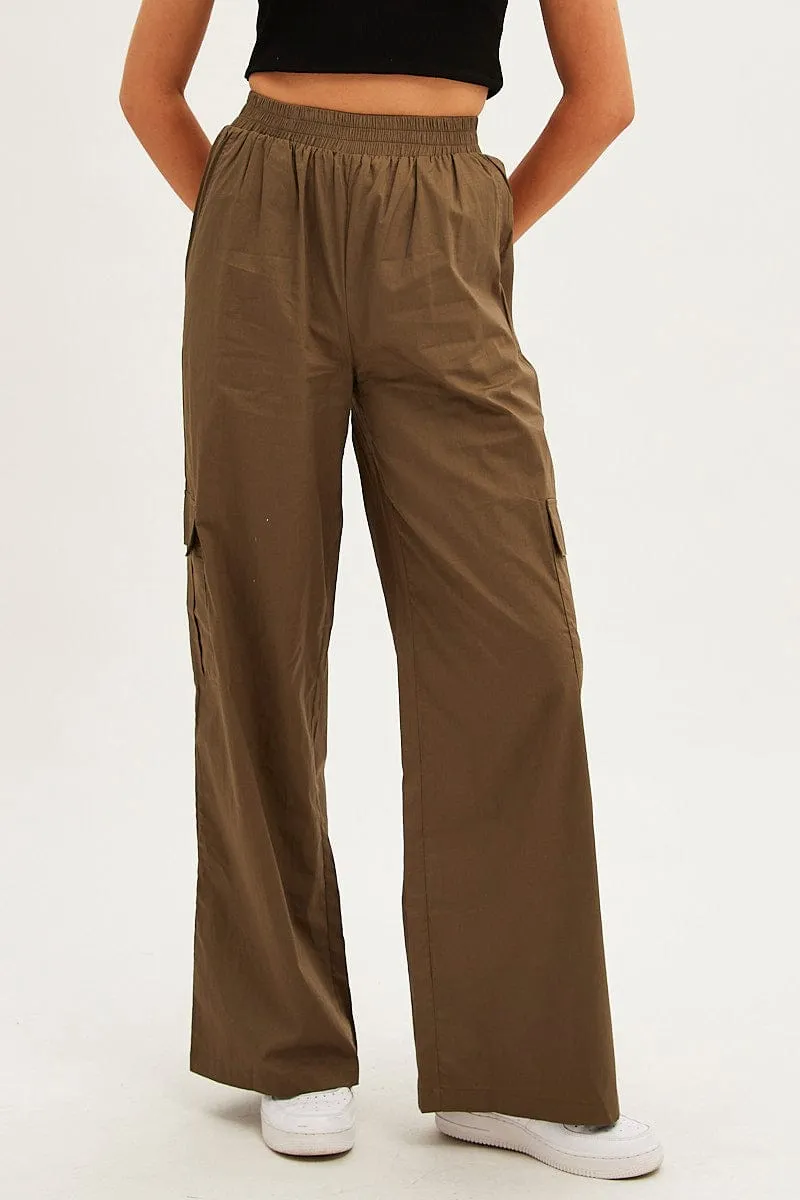 Green Wide Leg Cargo Pants High Rise