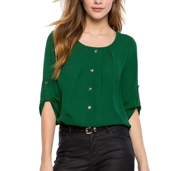 Green Yellow Women Shirt Chiffon Blusas Femininas Tops Elegant Ladies Formal Office Blouse Plus Size O Neck Shirt Women