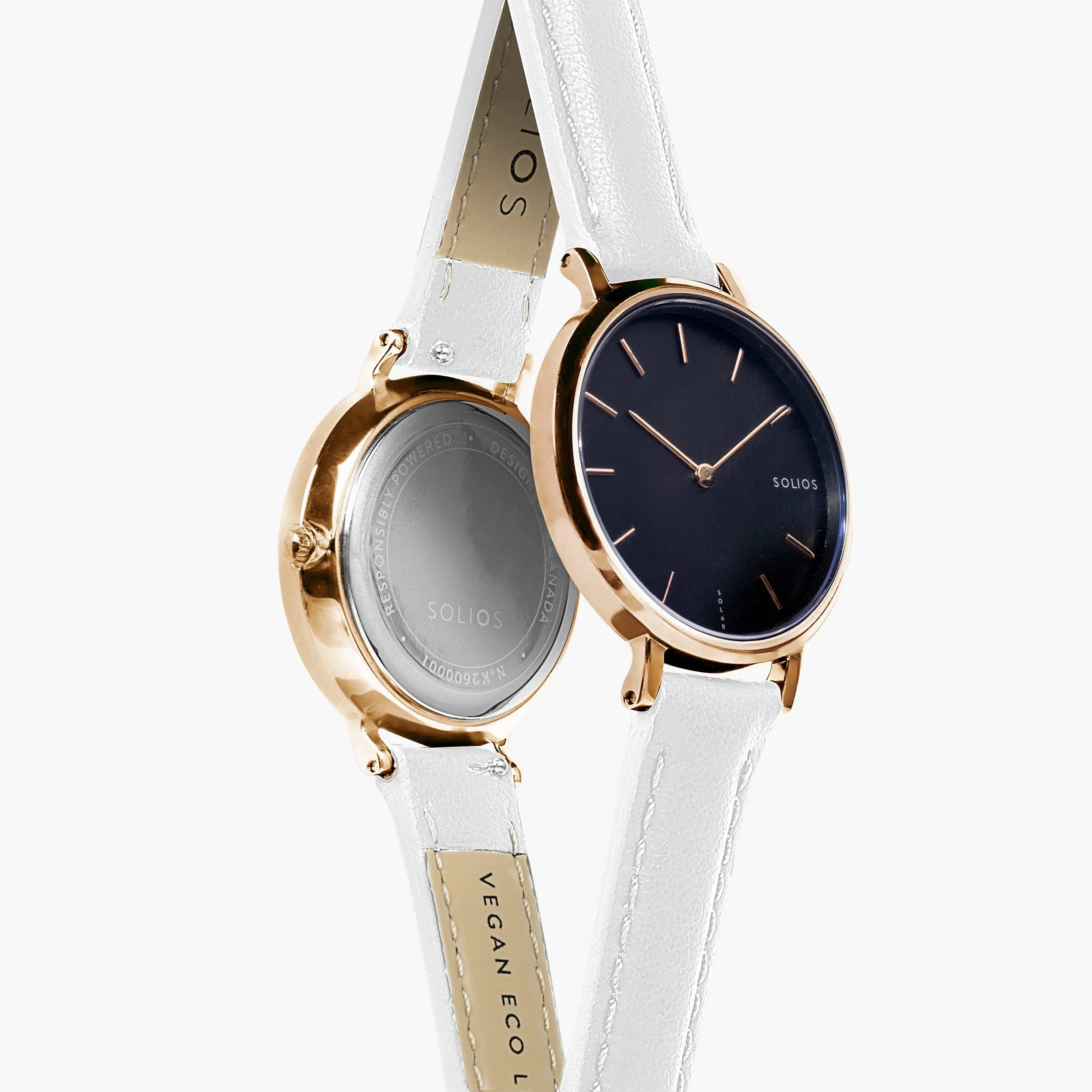 Mini Solar Watch with Black & Rose Gold Dial  | White Vegan Leather Strap
