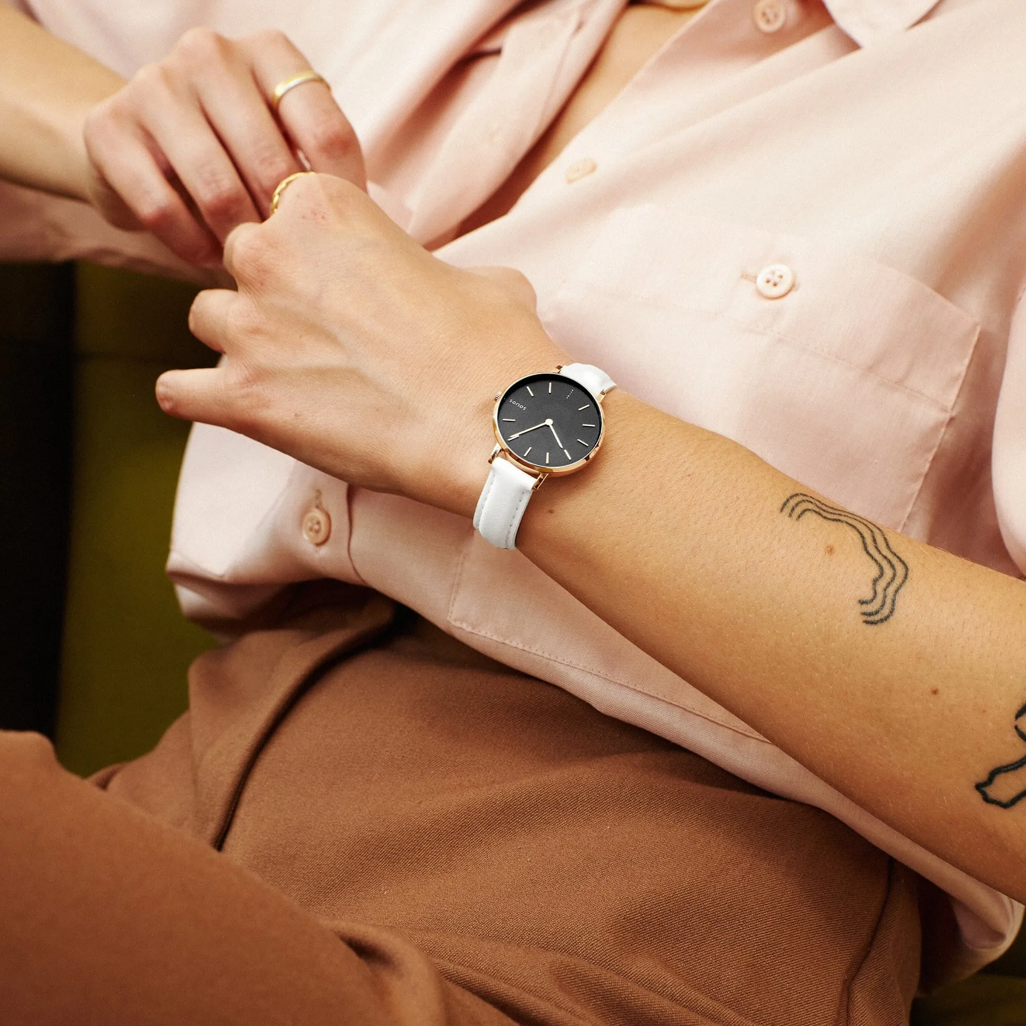 Mini Solar Watch with Black & Rose Gold Dial  | White Vegan Leather Strap