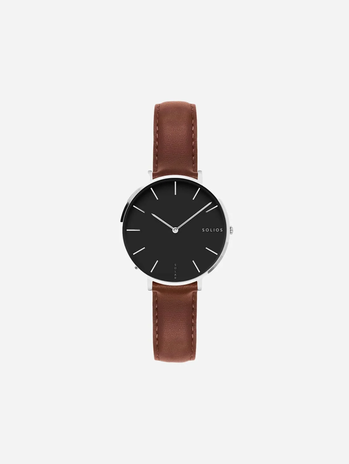 Mini Solar Watch with Black & Silver Dial | Brown Vegan Leather Strap