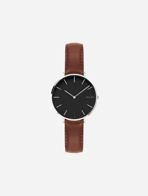Mini Solar Watch with Black & Silver Dial | Brown Vegan Leather Strap