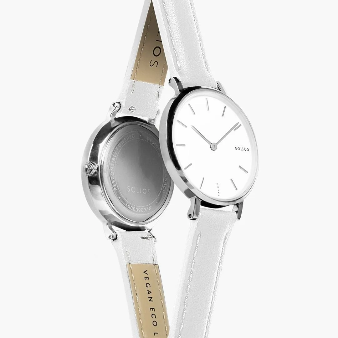 Mini Solar Watch with White & Silver Dial  | White Vegan Leather Strap