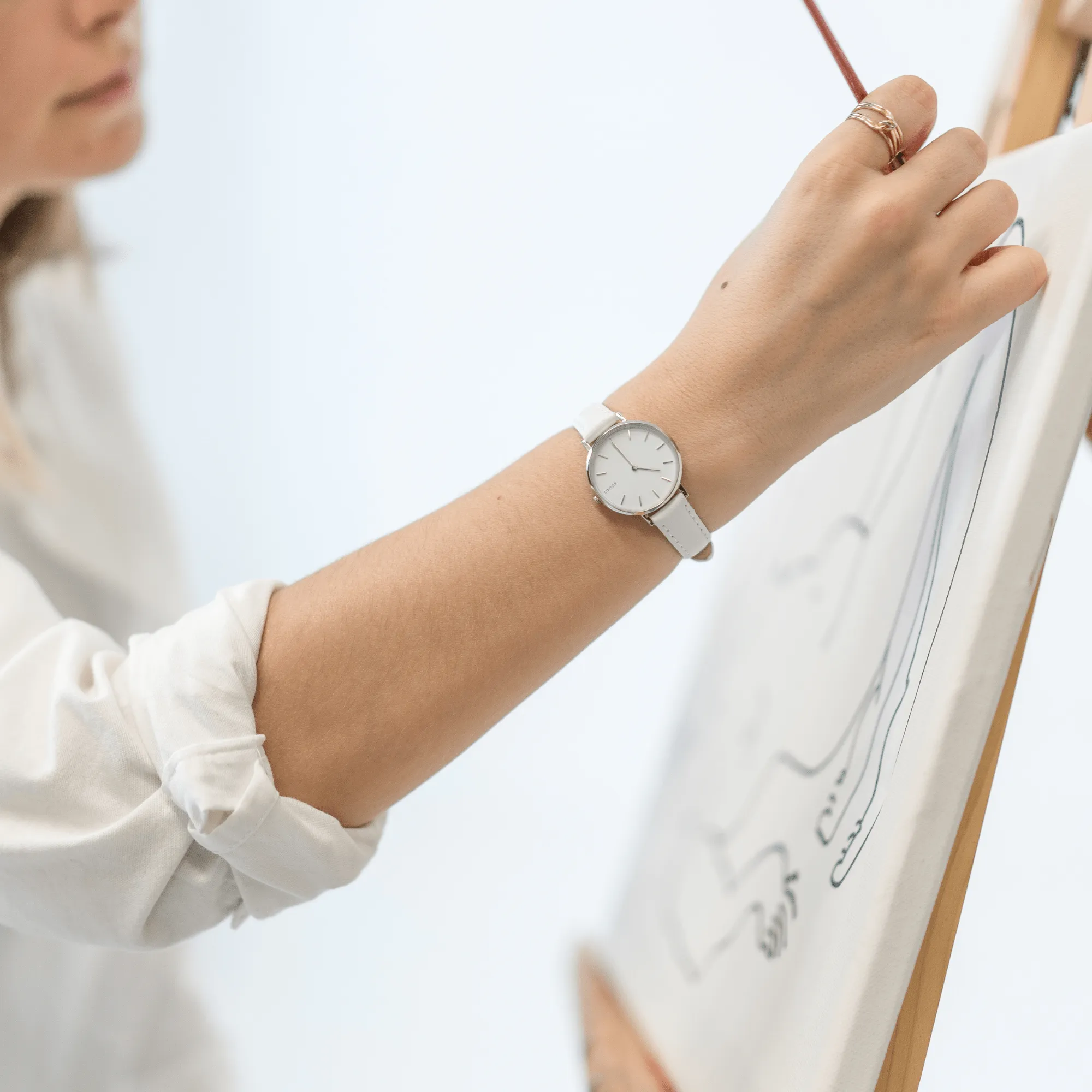 Mini Solar Watch with White & Silver Dial  | White Vegan Leather Strap