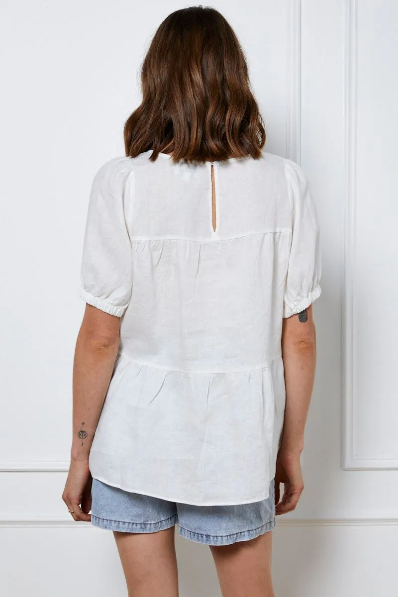 White Top Short Sleeve Relaxed Linen