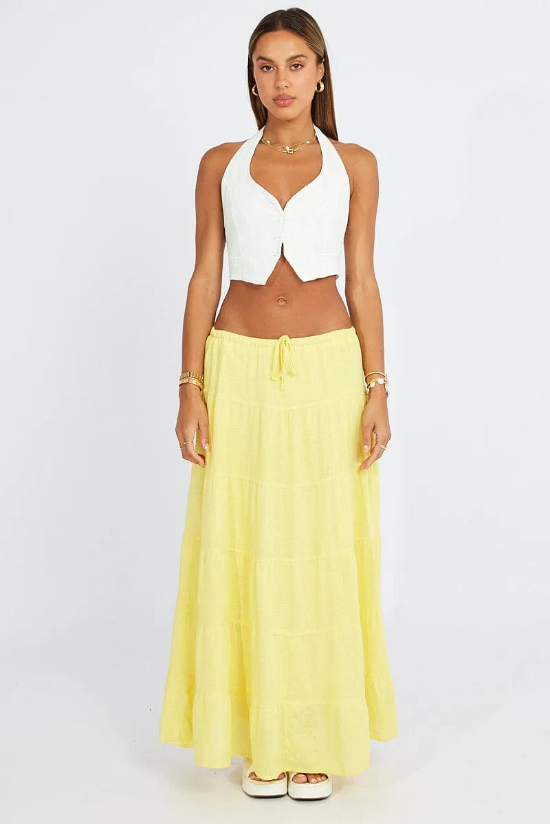 Yellow Maxi Skirt Tiered High Rise Linen Blend
